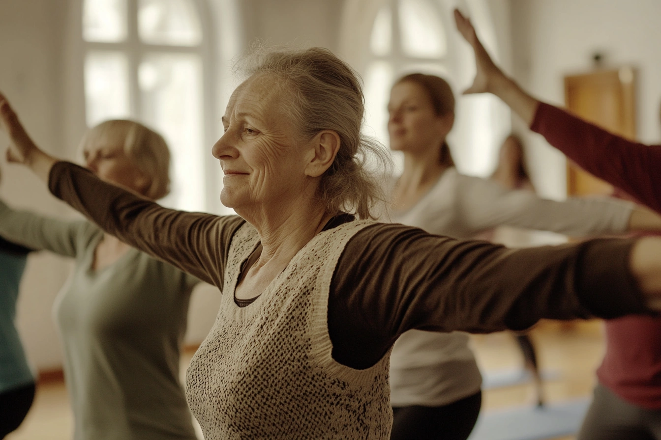 Пенсіонери виконують вправи на розтяжку